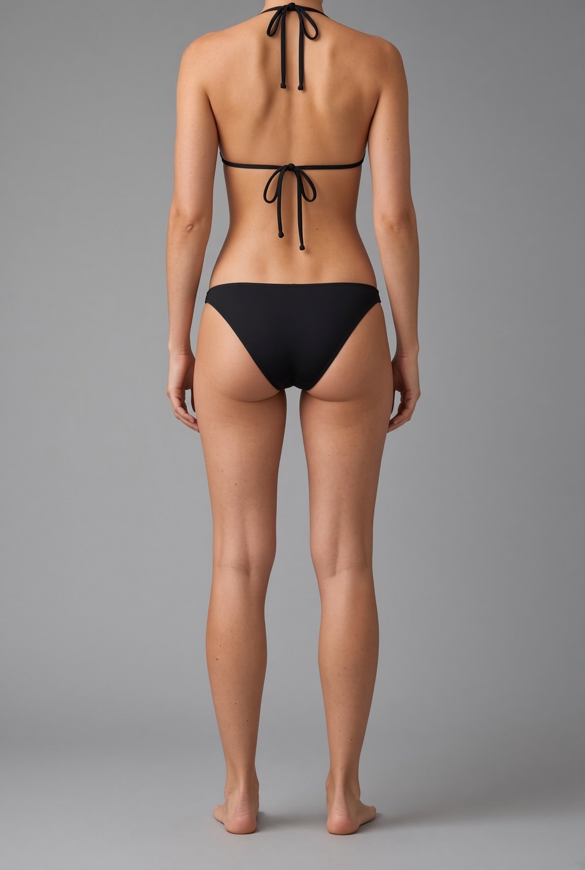 Lila body reference, back view. Neck-down, black bikini.