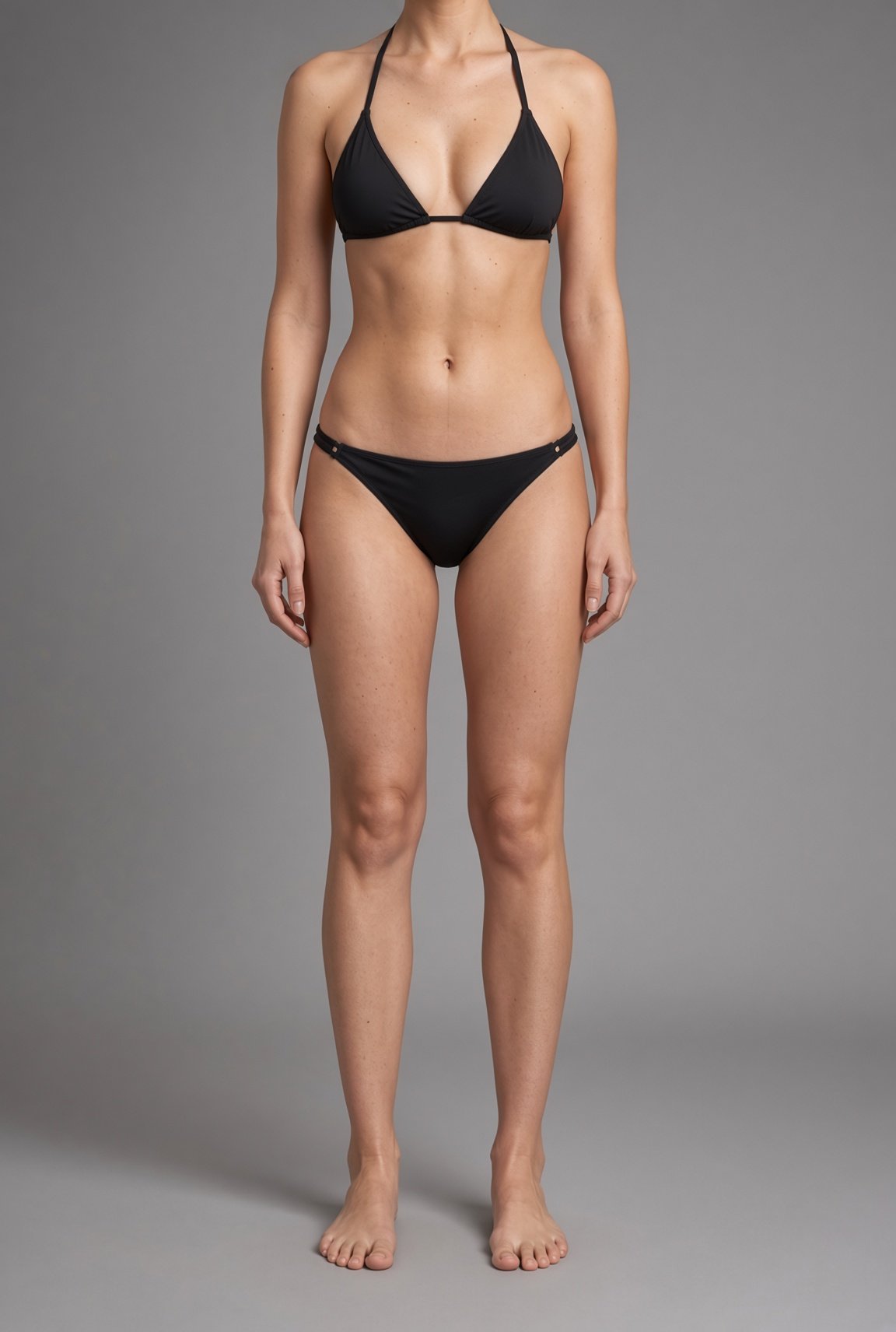Lila body reference, front view. Neck-down, black bikini.